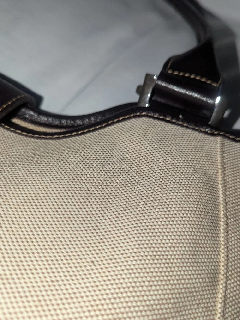 Longchamp Pliage Beige Canvas Tote with Dark Brown Trim Made in France
